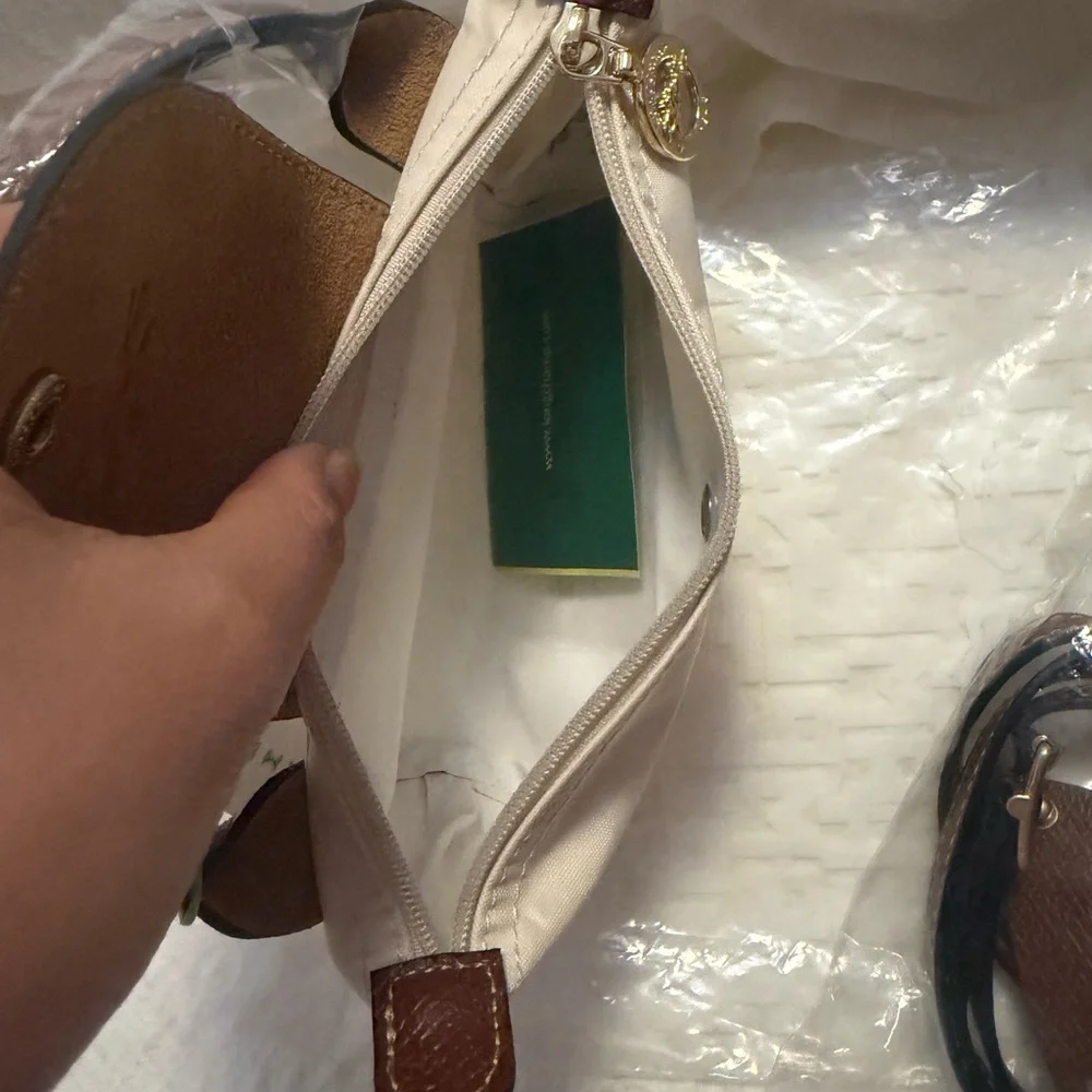 Longchamp Cream Mini Crossbody with Brown Leather Trim